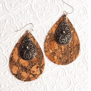 Silvertone Scroll and Cork Double Teardrop Earrings
